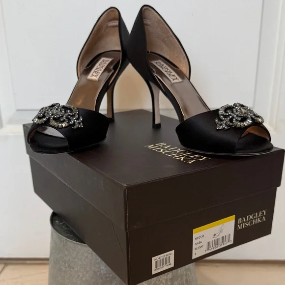Badgley Mischka Black Peep-Toe Heels with Silver Accents - Picture 1 of 7